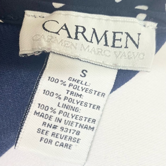 Carmen Marc Valvo Navy Blue & White Polka Dot Puff Sleeve Blouse Top Size Small - Picture 9 of 10